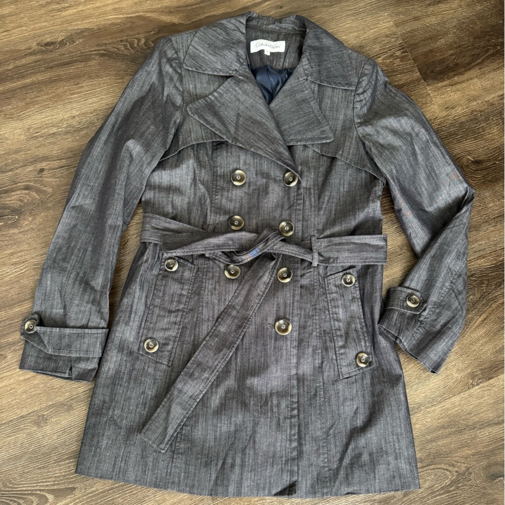 New. Calvin Klein Charcoal Double-Breasted Trench Coat.